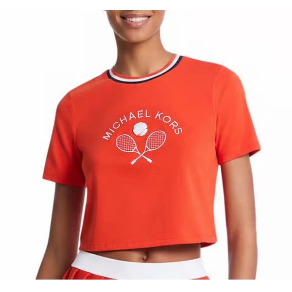 Michael Kors 2025 Sporty Tennis Preppy Cropped Ringer Tee XS Casual Red Shirt